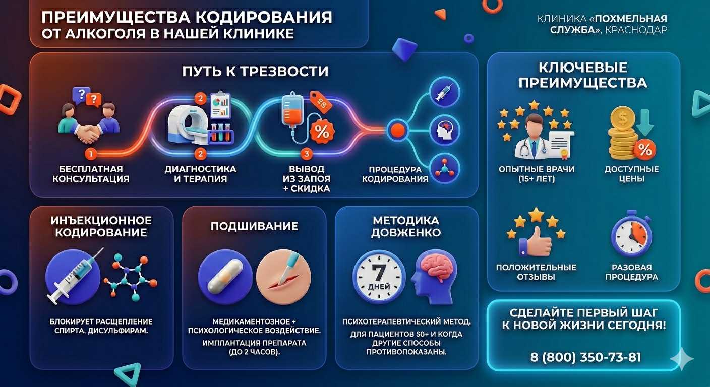 Инфографика о методах кодирования от алкоголя в Горловке: инъекции, подшивание, метод Довженко. Преимущества клиники и этапы лечения.