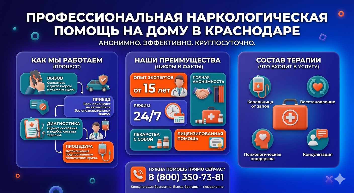 Инфографика о принципах лечения алкоголизма на дому в Горловке: этапы вызова нарколога, преимущества анонимной детоксикации и состав медицинской помощи.